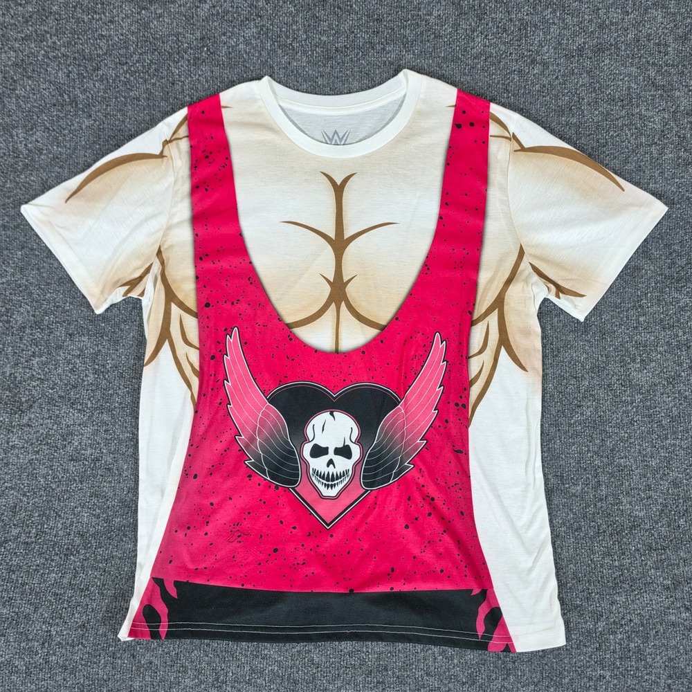 WWE Bret The Hitman Hart Costume Graphic T-Shirt Mens XL White Pink Skull Tee